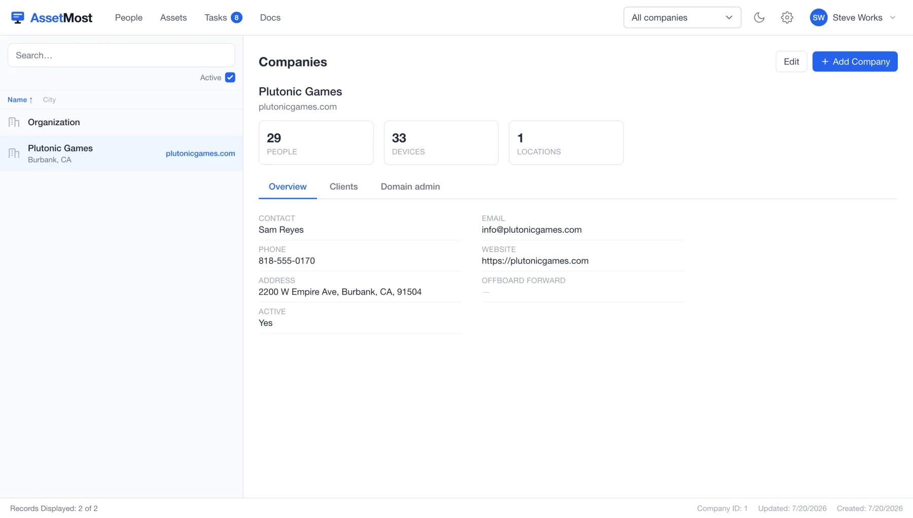 A company record opened in Settings