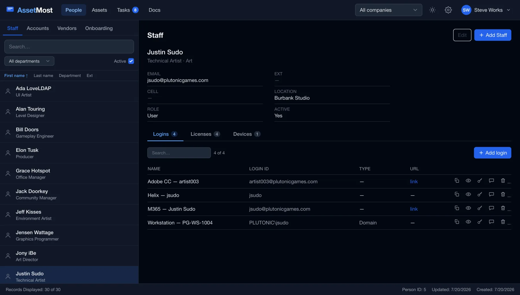 AssetMost in dark mode: the same staff profile at night