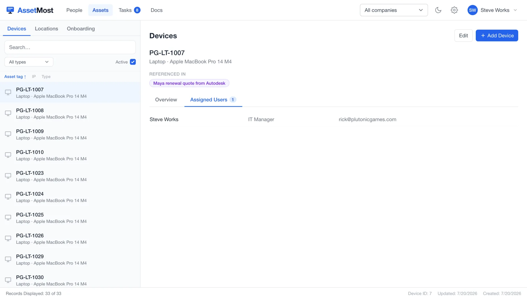 A device record showing its assigned users