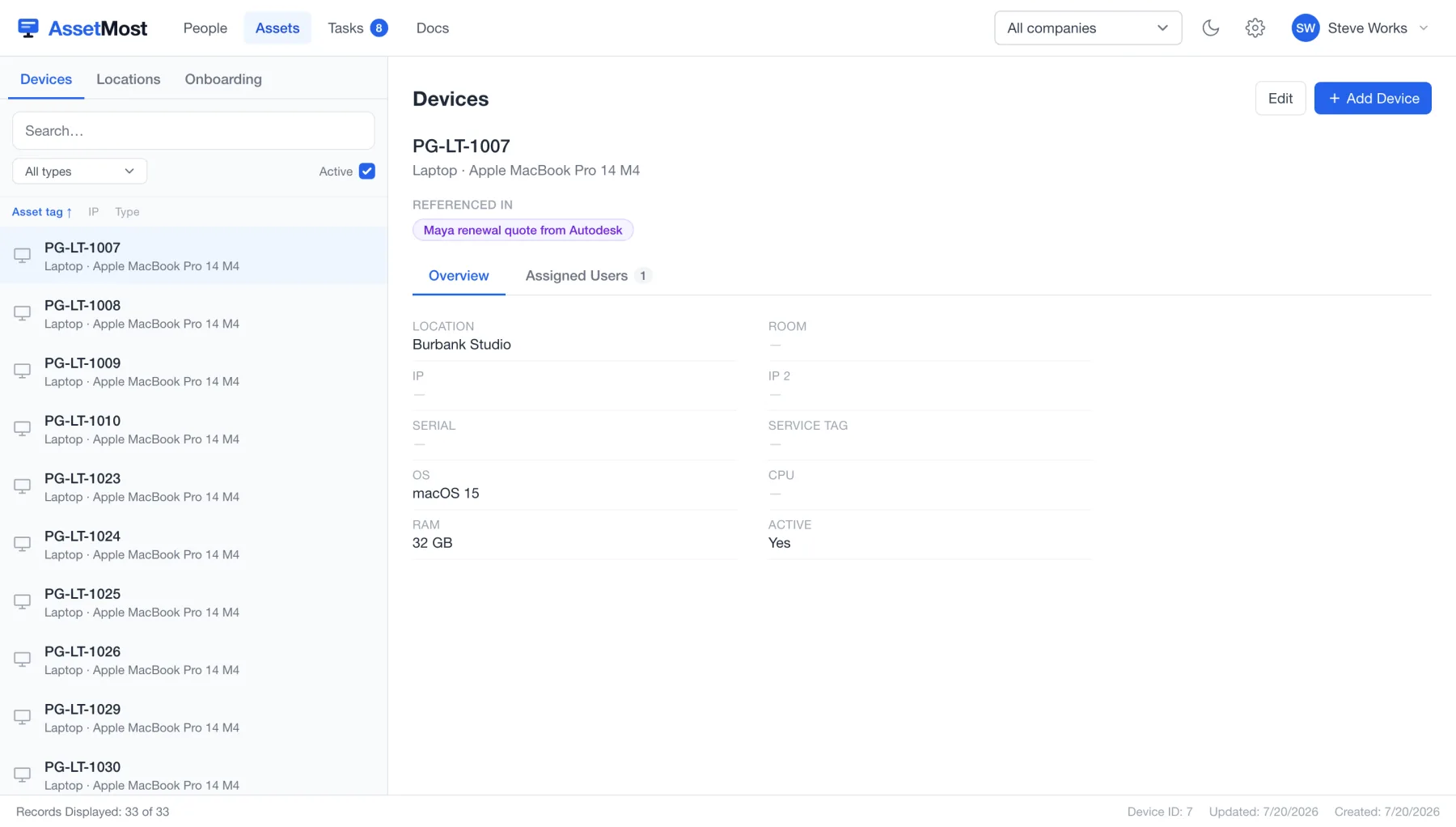 A device record: asset tag, model, specs, location, assigned users