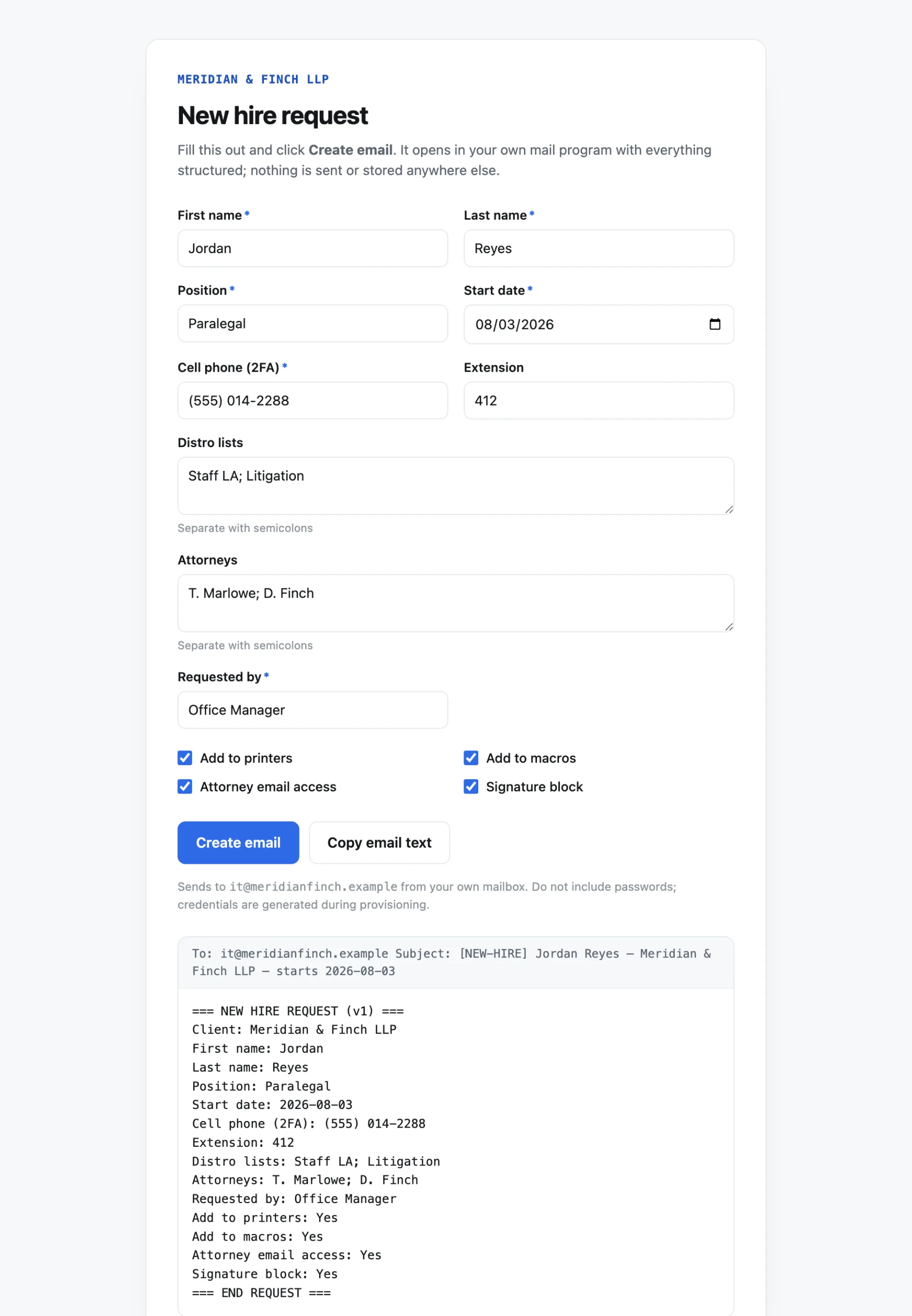 Meridian & Finch LLP onboarding form filled out, with the structured email preview