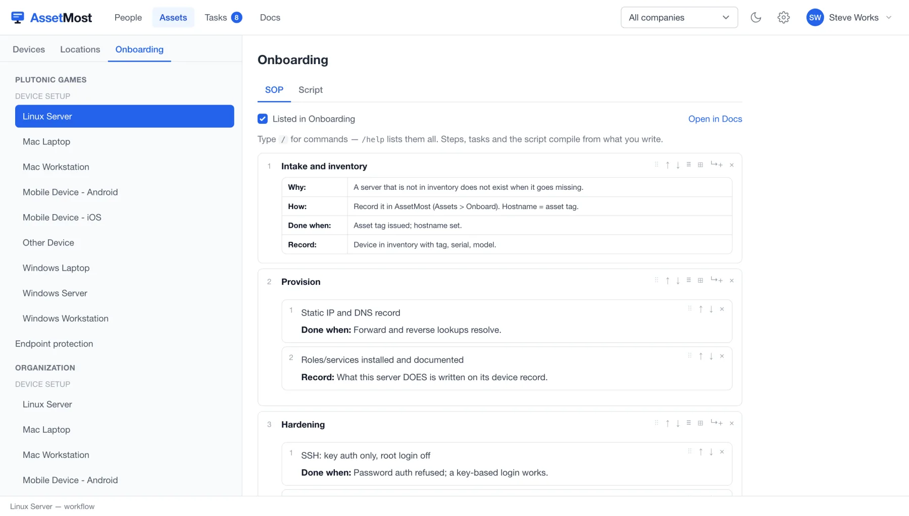 The Assets Onboarding tab: machine intake workflows