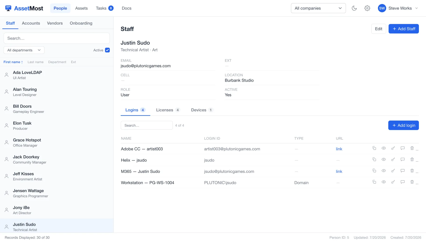 A staff profile: contact details with logins, licenses, and devices in one place