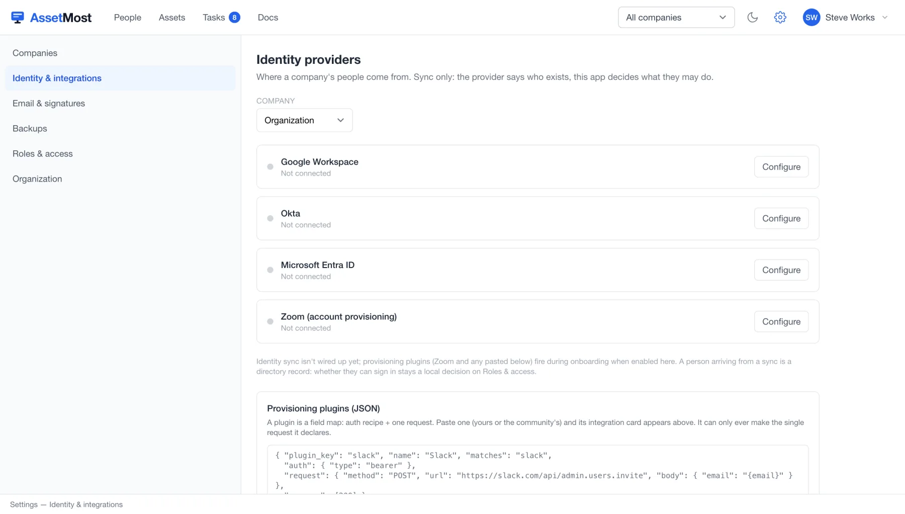 Settings: Identity and integrations
