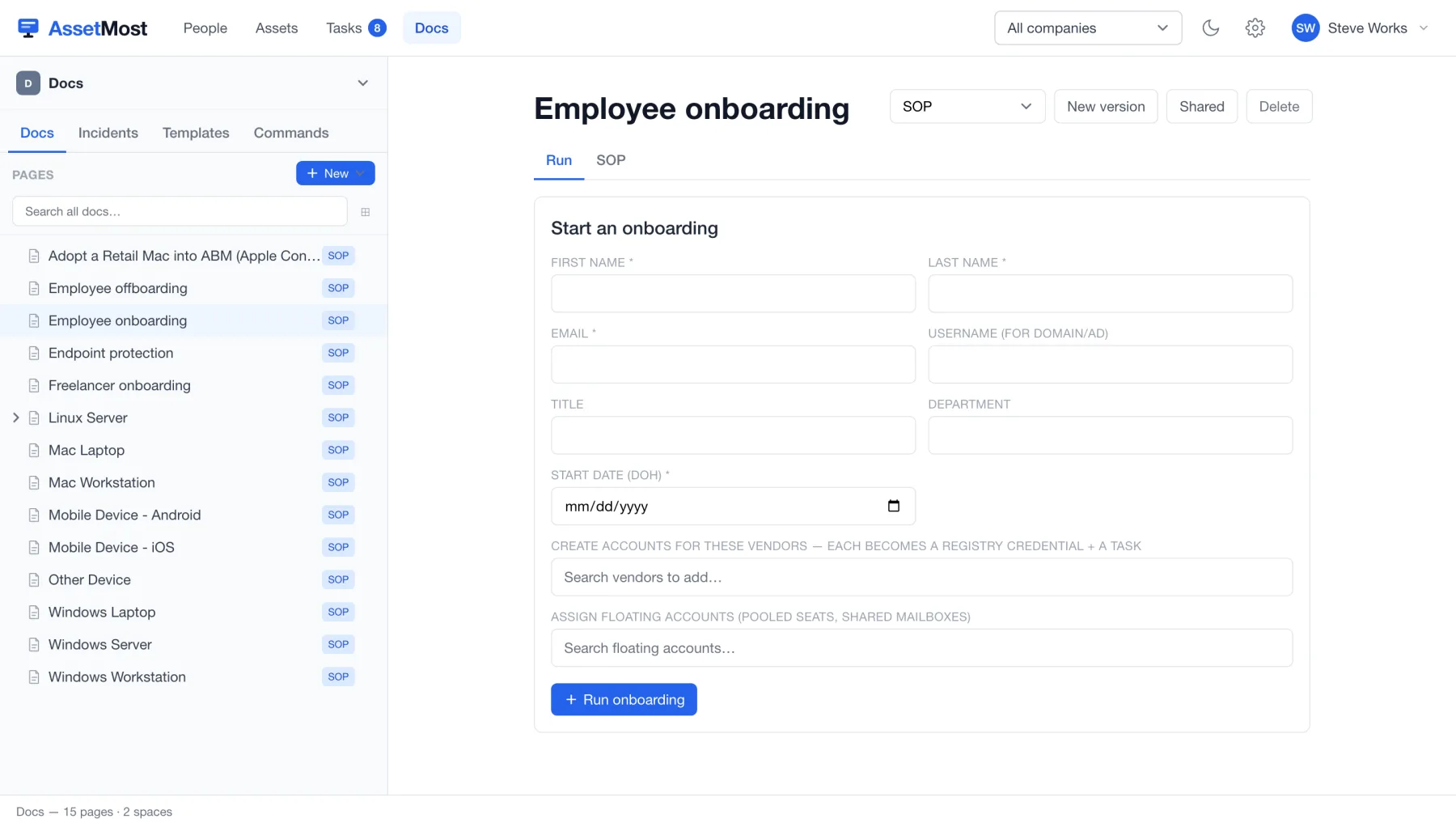 An onboarding SOP in Run mode: a form that creates the person, accounts, and tasks