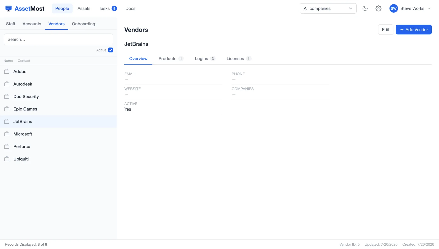 A vendor record with Overview, Products, Logins, and Licenses tabs